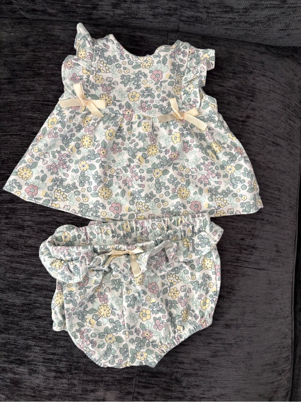 Nicole Miller Floral Ruffle Top & Diaper Cover Set - Cream, Pink, Yellow, Green